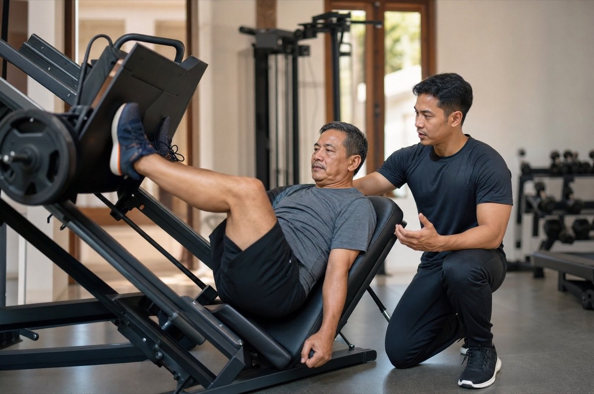 Member pemula dibimbing pelatih di mesin leg press