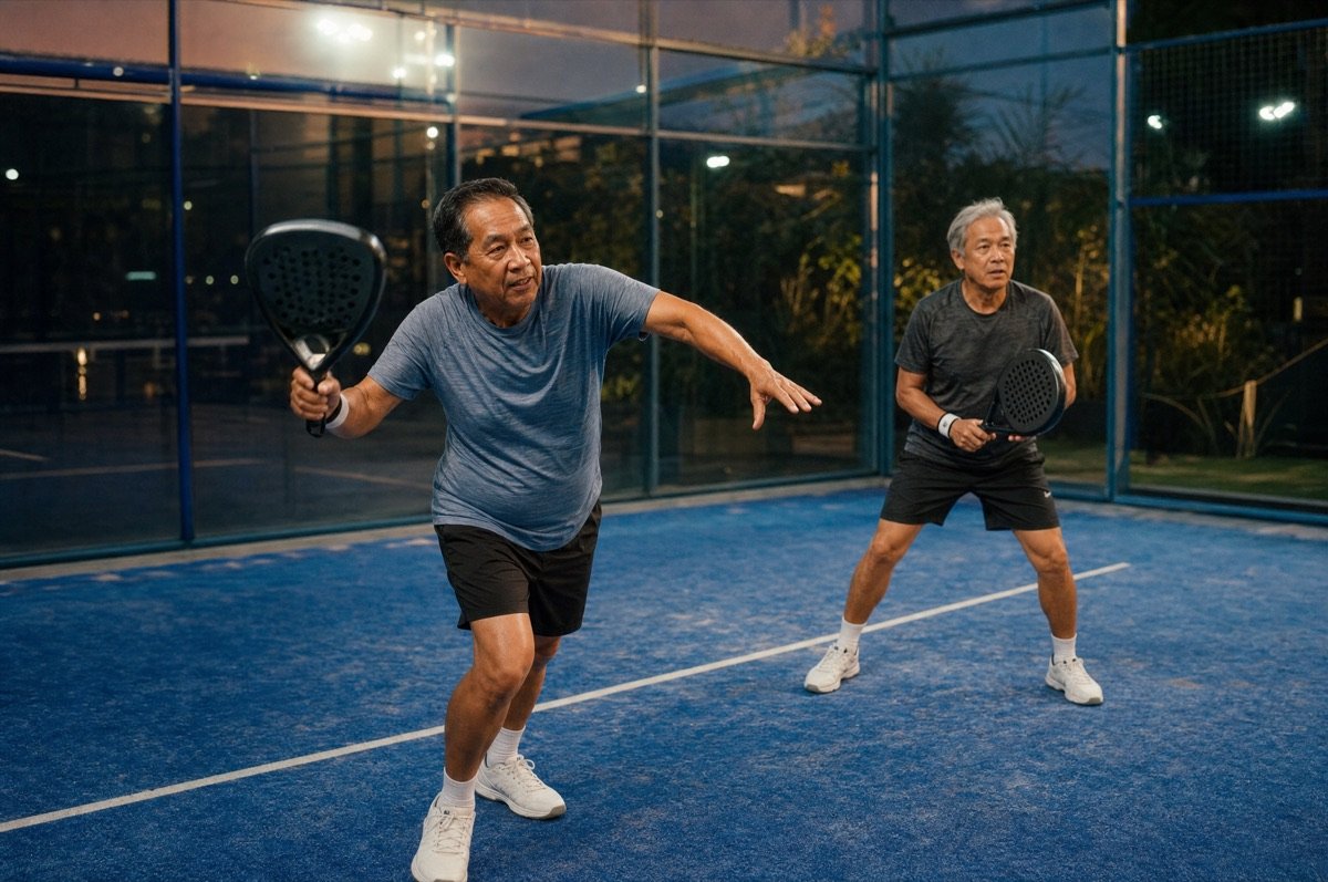 Dua sahabat bermain padel di lapangan kaca biru