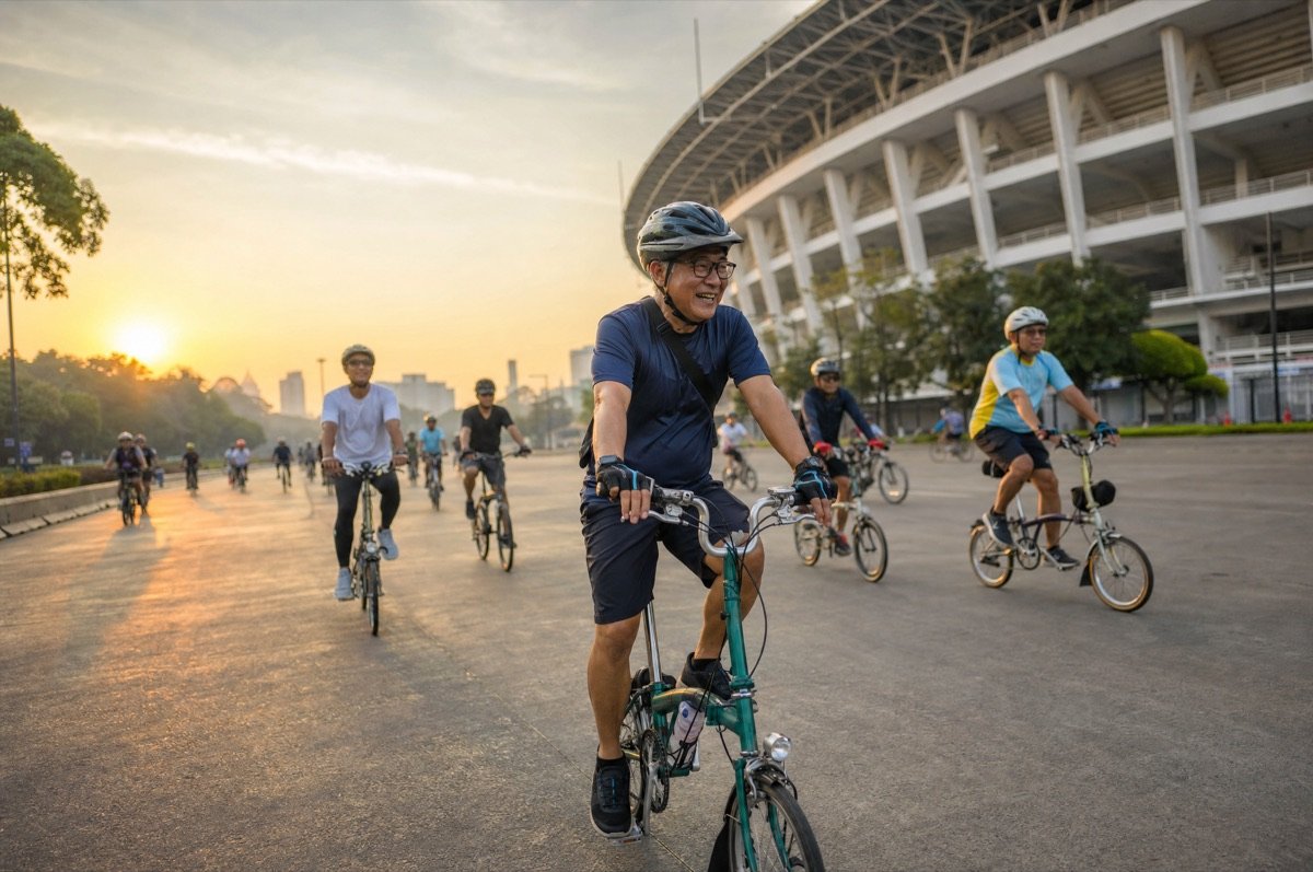 Pesepeda dengan sepeda lipat gowes bersama komunitas di kawasan GBK