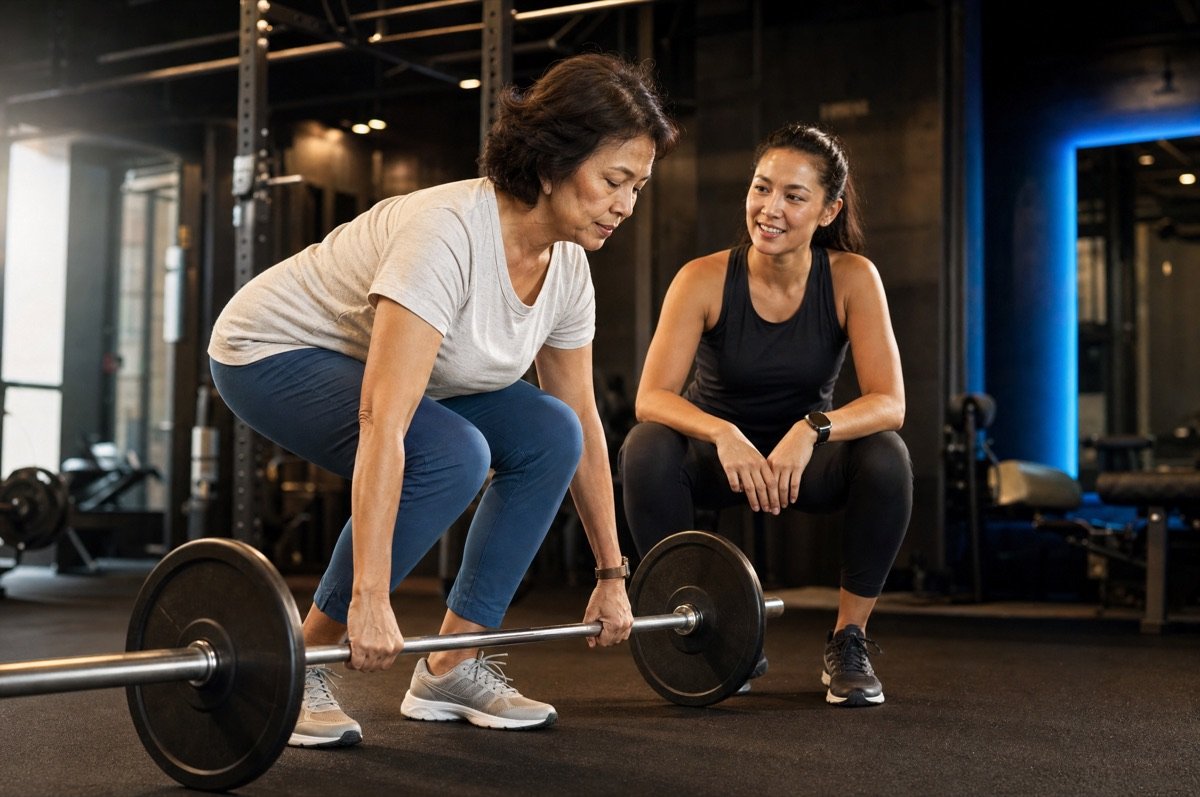Wanita 60-an melakukan deadlift didampingi pelatih
