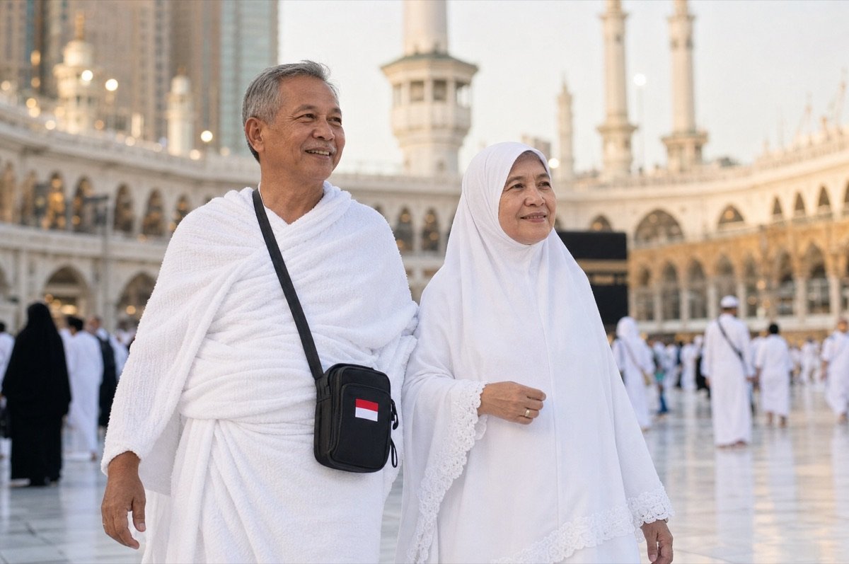 Pasangan lansia Indonesia berihram berjalan di Masjidil Haram